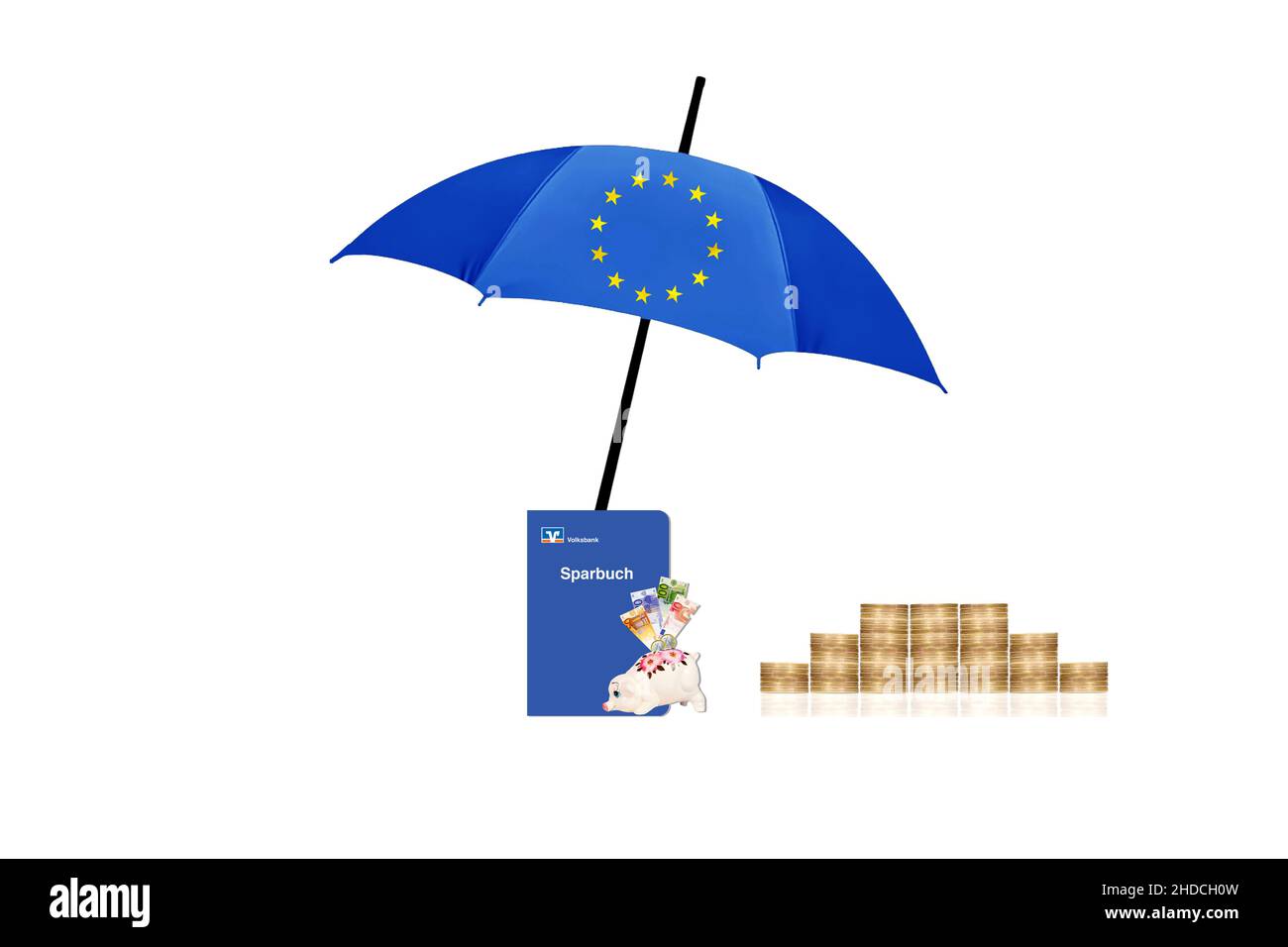 Euro-Rettungsschirm, dient dem Schutz der Waehrung vor Kream, Sparschwein, Sparbuch, 50 cent Eurimuenzen, Banque D'Images