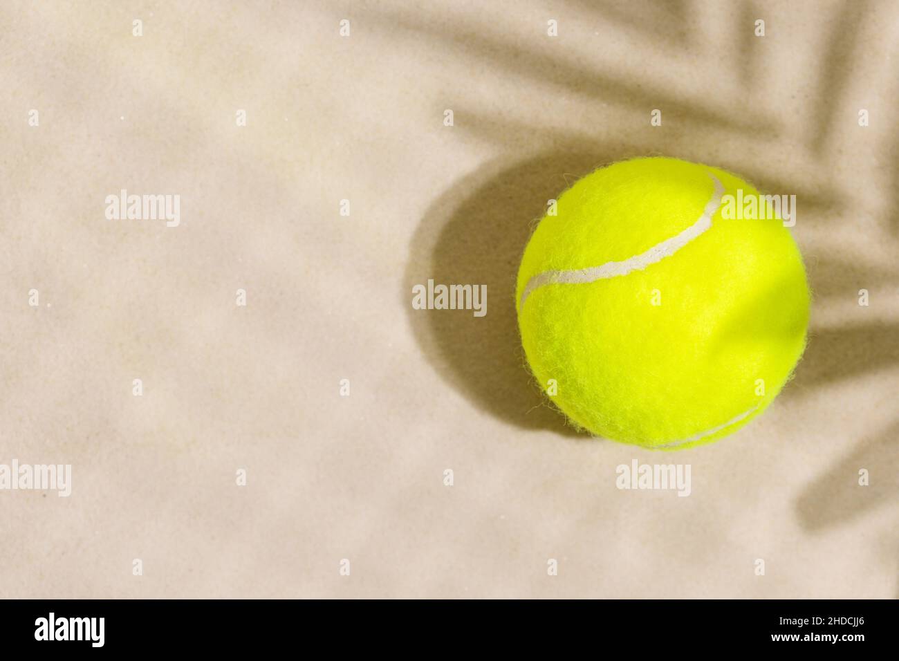 Balle de tennis sur la plage de sable avec des feuilles de palmier et des ombres à filet.Compétitions de tennis dans les pays chauds en plein air Banque D'Images