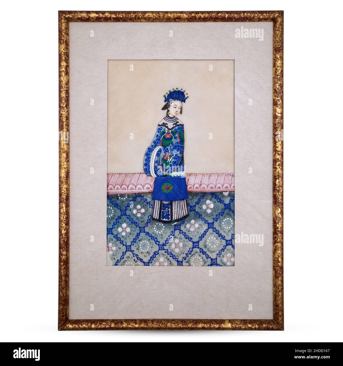 Antique Chinois Export peinture sur le papier pième représentant un fonctionnaire de Cour en brodés Dragon Robe et Manchu Headwear.19th siècle, dynastie Qing Banque D'Images
