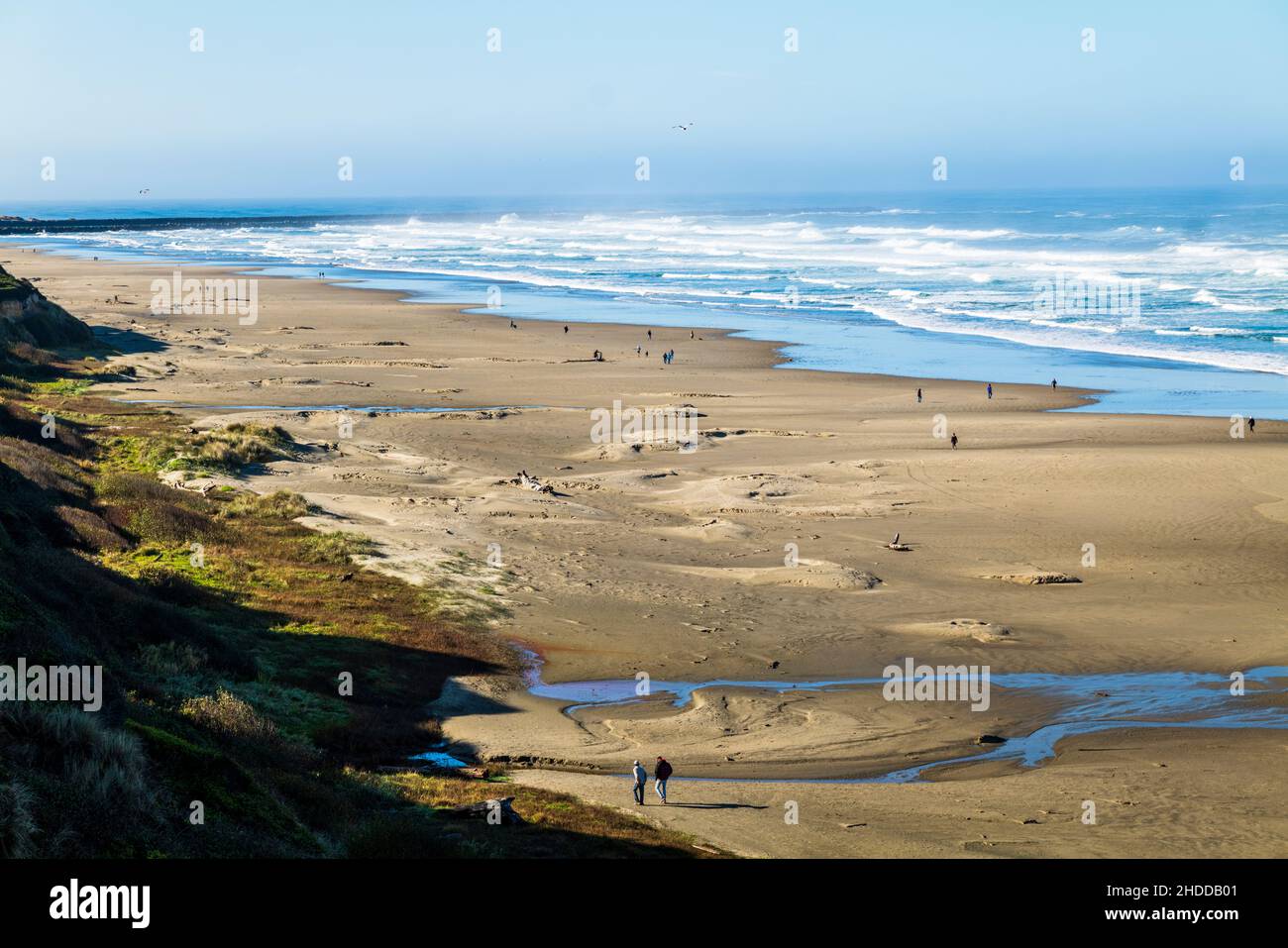Les visiteurs marchent sur la plage, l'océan Pacifique, la côte de l'Oregon, Newport, Oregon,ÉTATS-UNIS Banque D'Images