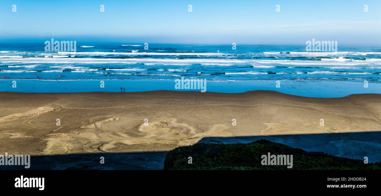 Vue panoramique des visiteurs marchant sur la plage ; Océan Pacifique ; côte de l'Oregon ; Newport ; Oregon ;ÉTATS-UNIS Banque D'Images