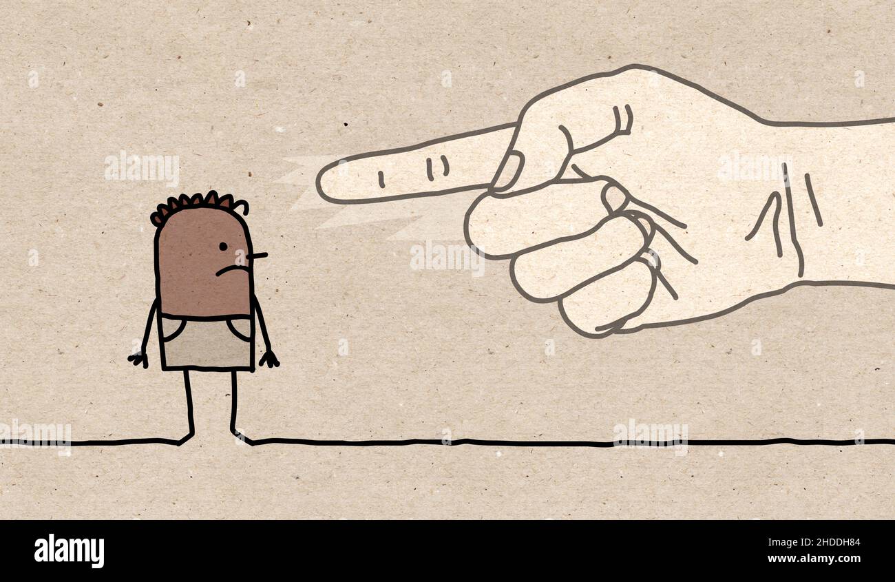 Main dessinée main grande main avec personnage de dessin animé - doigt pointant Connectez-vous à un Black Man Banque D'Images