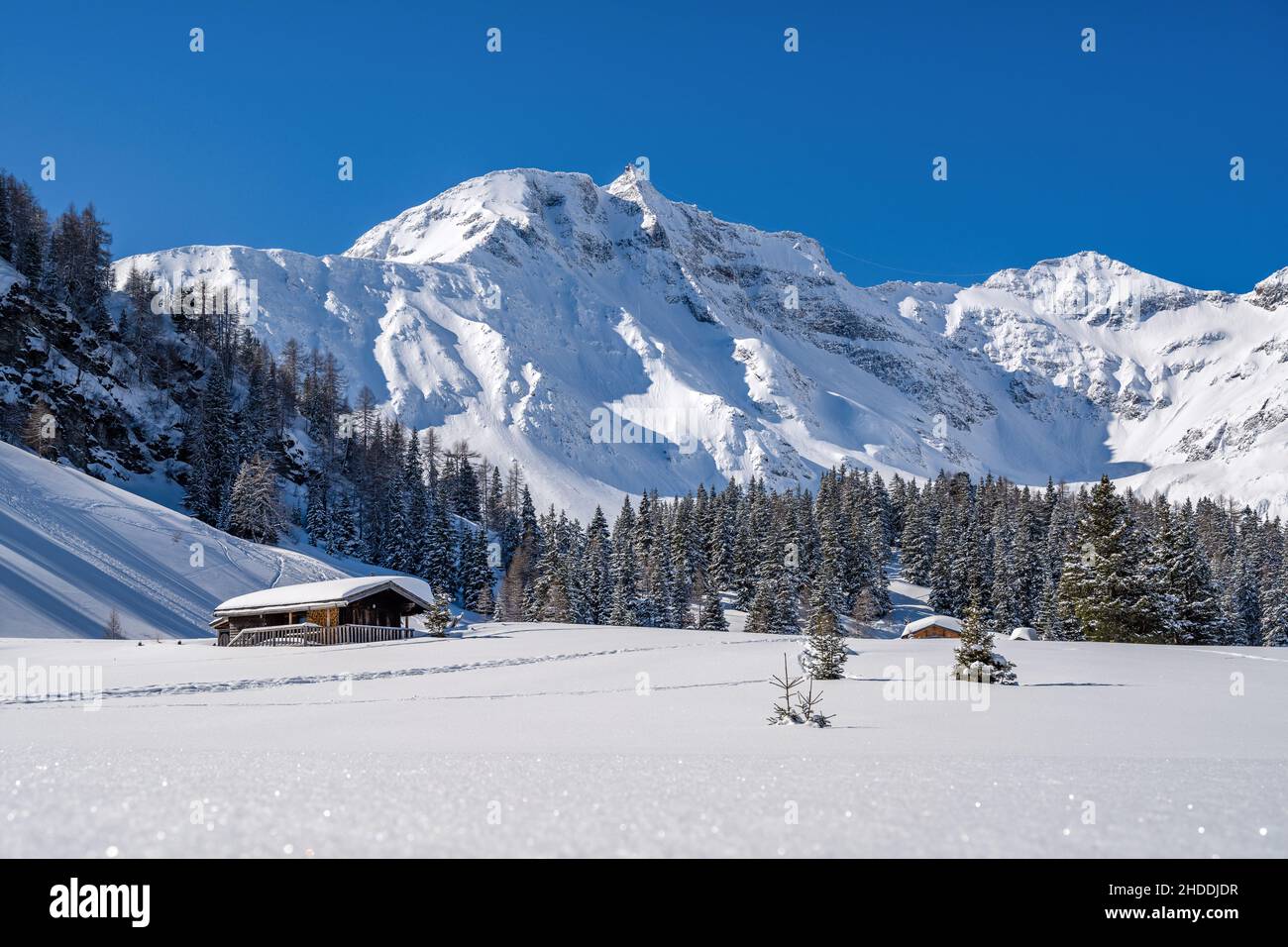 Cabane en bois idyllique dans un paysage alpin enneigé, Rauris, Salzburger Land, Autriche Banque D'Images