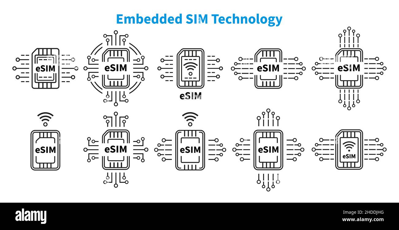 Carte à puce SIM intégrée de Gade communication cellulaire mobile, icône de ligne de technologie Internet définie.Microchip, processeur électronique pour smartphone.Vecteur Illustration de Vecteur