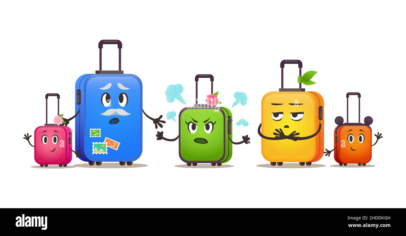 Des sacs de voyage amusants en famille en vacances.Ensemble de valises.Différentes tailles de bagages Illustration de Vecteur