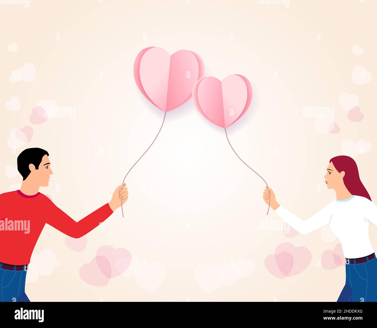 Couple avec ballons de Saint-Valentin en forme de coeur.Bonne illustration du vecteur de la Saint Valentin avec un gars et une petite fille.Papier peint, prospectus, bannière Illustration de Vecteur