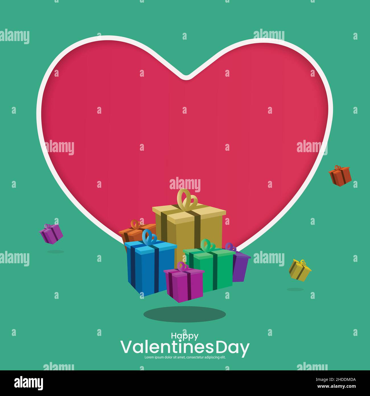 Carte de vœux de Saint-Valentin avec bannière.Boîte cadeau en forme de coeur et fond vert Illustration de Vecteur