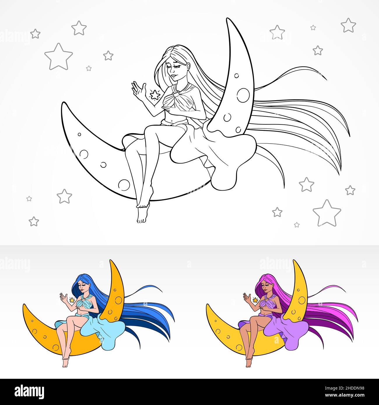Bande dessinée anime vecteur couleur livre page avec des variations de coloration avec jeune jolie fille assis sur la lune sur le ciel de nuit et regardant sur l'étoile Illustration de Vecteur
