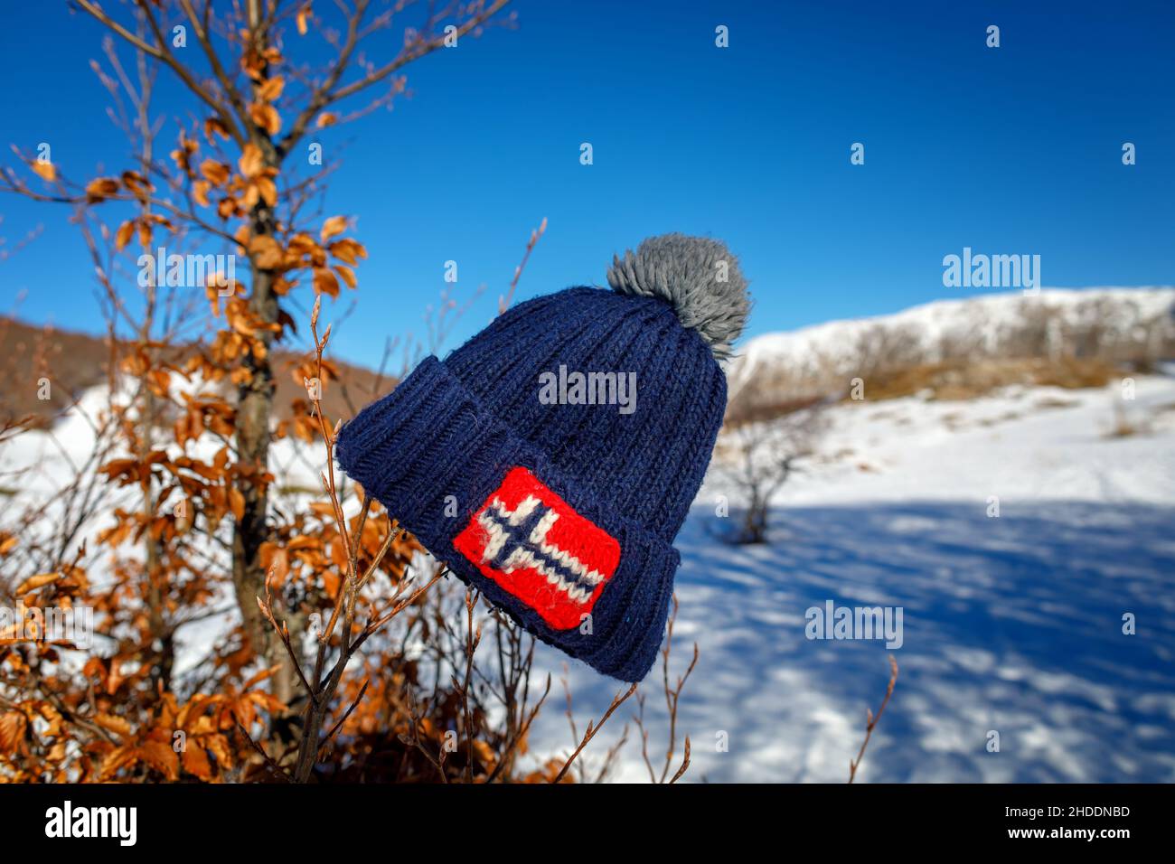 Un chapeau de laine avec pompons et le drapeau norvégien brodé, placé sur  une branche d'arbre comme emplacement, dans la montagne enneigée en hiver  Photo Stock - Alamy