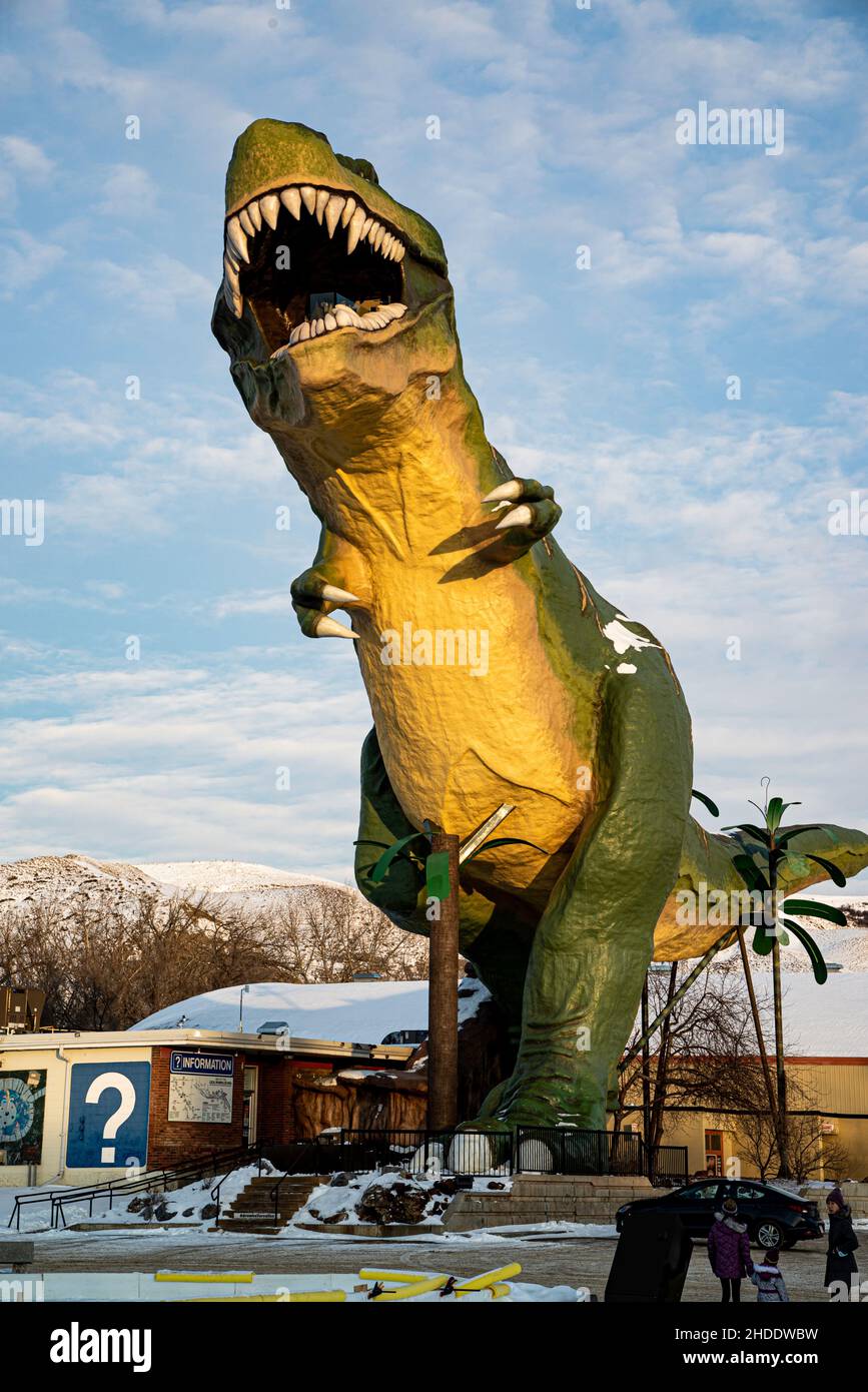 Drumheller, Canada - 21 2021 décembre : Statue des dinosaures Gigantesque au centre-ville de Drumheller, en Alberta Banque D'Images