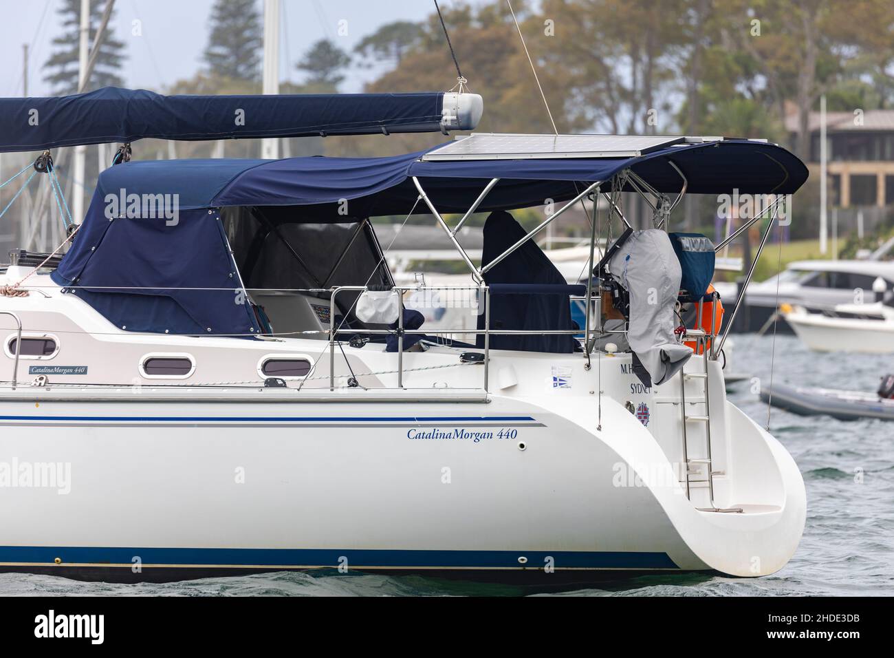 Catalina Morgan 440 bateau de croisière amarré sur la zone de navigation de pittwater à Sydney, Nouvelle-Galles du Sud, Australie Banque D'Images