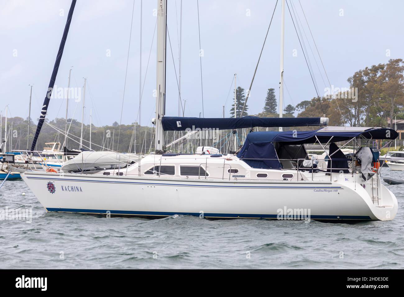 Catalina Morgan 440 bateau de croisière amarré sur la zone de navigation de pittwater à Sydney, Nouvelle-Galles du Sud, Australie Banque D'Images