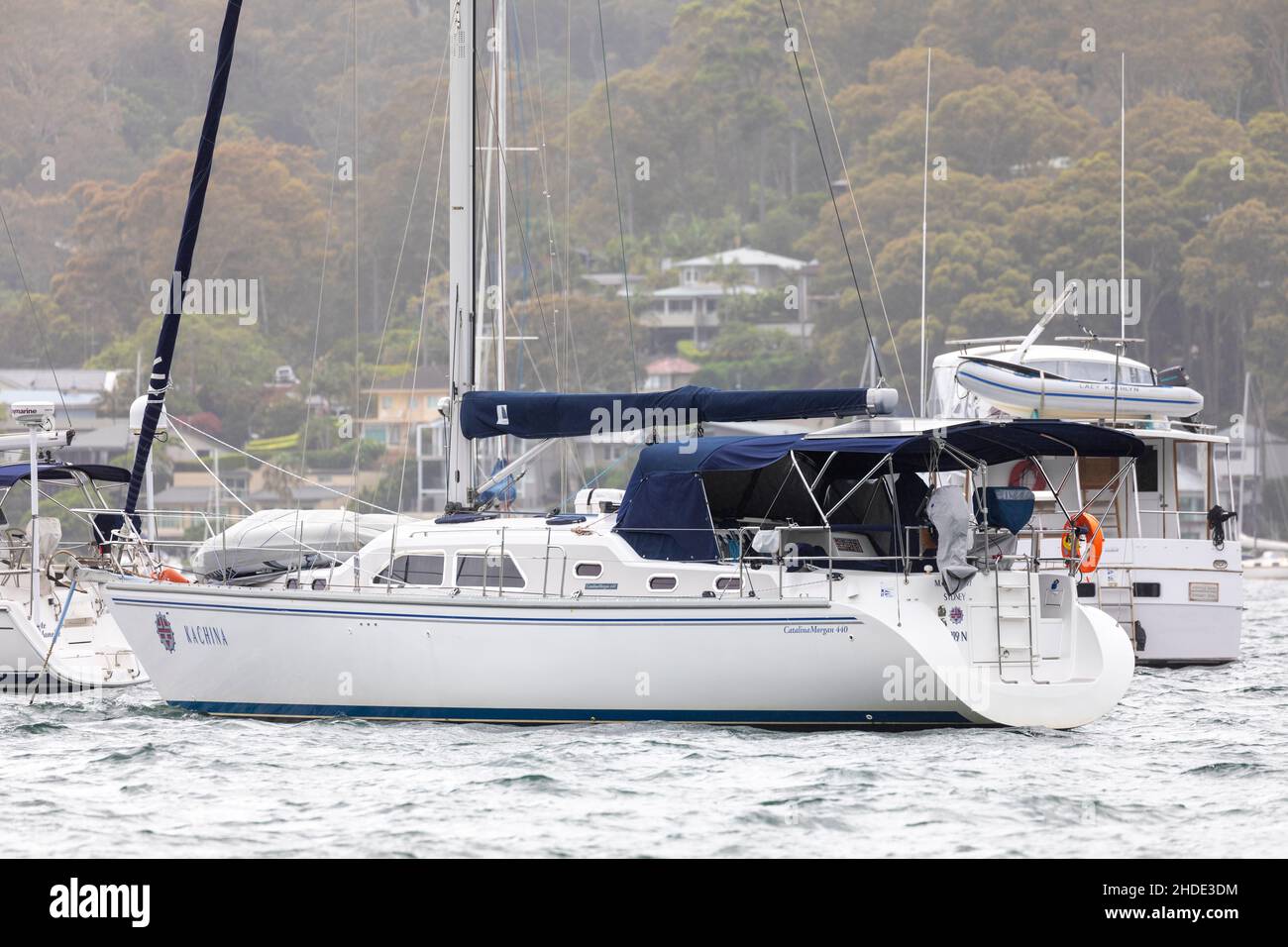 Catalina Morgan 440 bateau de croisière amarré sur la zone de navigation de pittwater à Sydney, Nouvelle-Galles du Sud, Australie Banque D'Images
