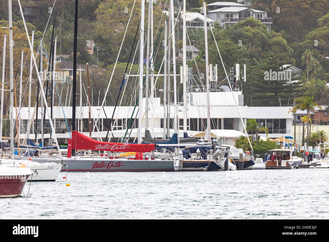 Wild Oats x voilier de course au Royal prince alfred Yacht club à pittwater, Sydney, Nouvelle-Galles du Sud, Australie Banque D'Images