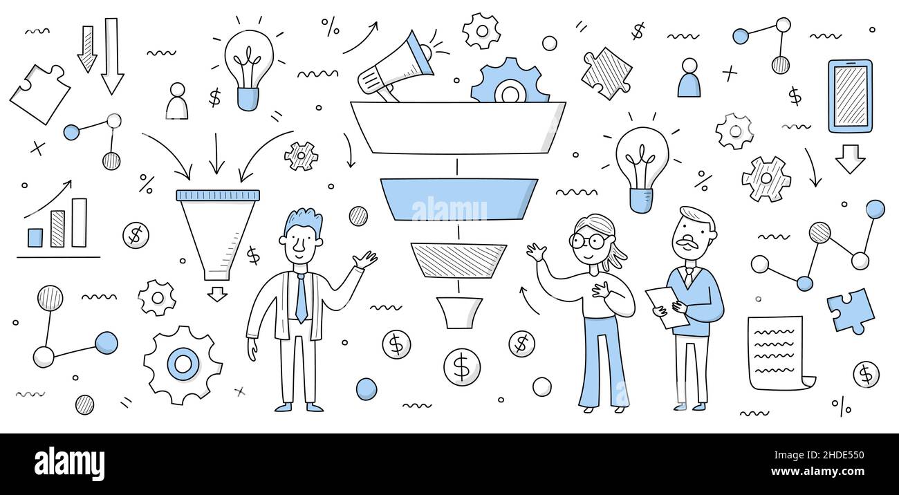 Le concept commercial de l'entonnoir de vente, les hommes d'affaires de doodle se trouvent à l'énorme filtre analysant la stratégie de marketing, l'attraction ou la conversion des clients et présentent les icônes d'infographie autour de l'illustration vectorielle linéaire Illustration de Vecteur