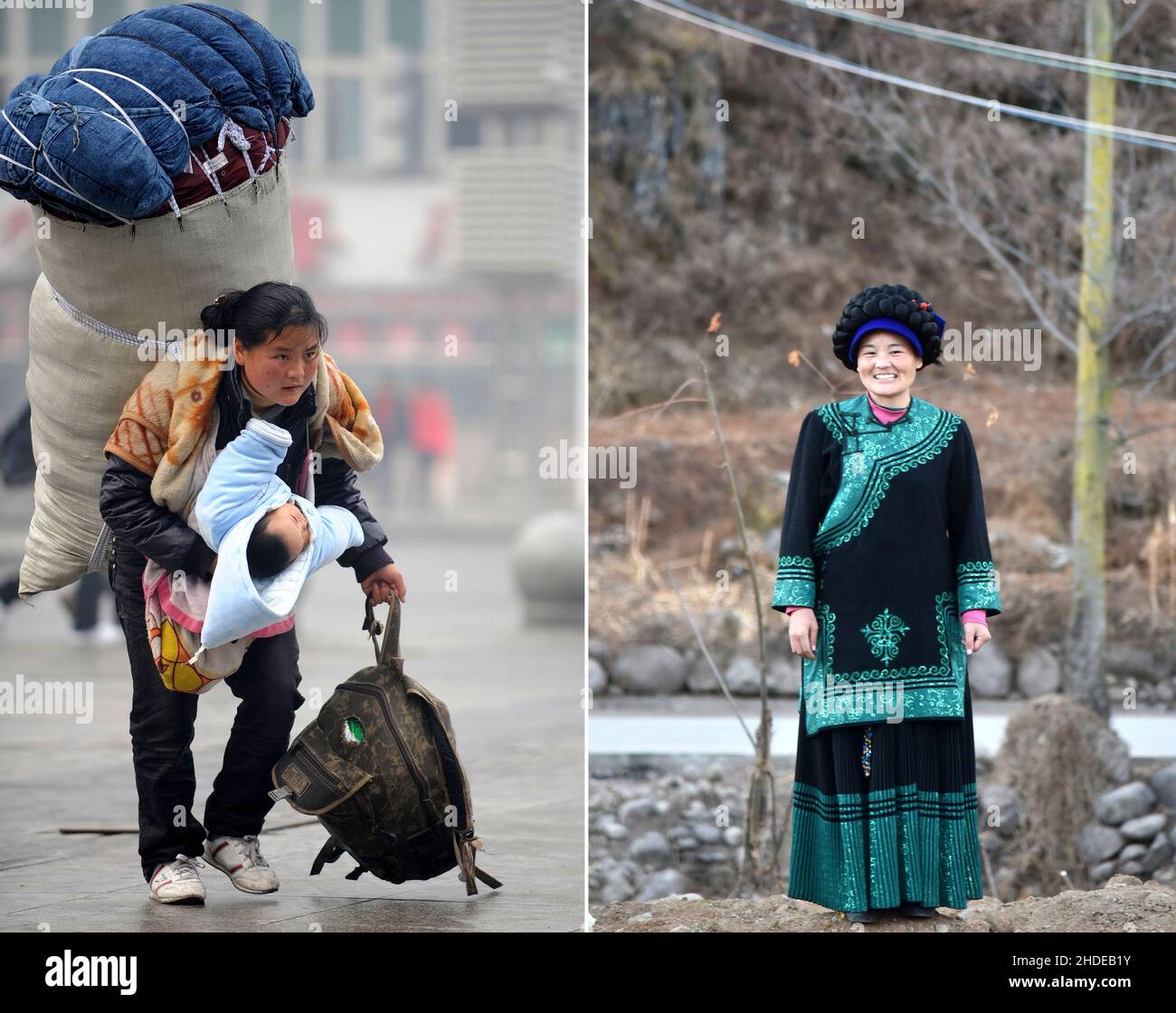 (220106) -- BEIJING, le 6 janvier 2022 (Xinhua) -- la photo combinée montre Bamu Yubumu qui se dirige vers la gare de Nanchang avec ses bagages sur le dos et son bébé dans le bras, à Nanchang, dans la province de Jiangxi, dans l'est de la Chine, le 30 janvier,2010 (L) et Bamu Yubumu posant pour la photo dans une tenue traditionnelle du groupe ethnique Yi dans le village de Taoyuan, comté de Yuexi, préfecture autonome de Liangshan Yi, province du Sichuan, dans le sud-ouest de la Chine, 22 janvier 2021.Le 30 janvier 2010, le premier jour de la ruée vers le « Chunyun » ou le Spring Festival de l'année, une jeune mère se dirige vers une gare ferroviaire, un grand sac qui s'empresse du cou quotidien Banque D'Images