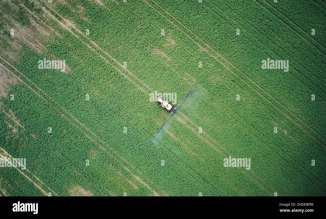 Fertilisation du champ agricole via le tracteur au-dessus de la vue du dessus du drone Banque D'Images Fertilisation du champ agricole via le tracteur au-dessus de la vue du dessus du drone Banque D'Images