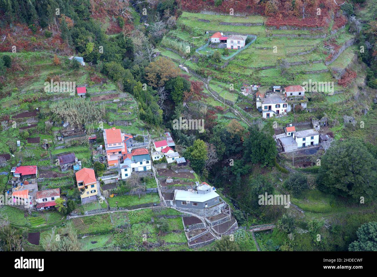 Champs et maisons en terrasses verdoyantes au village de Serra de Agua, vue  du point de vue de Miradouro Terra Grande, île de Madère, Portugal Photo  Stock - Alamy