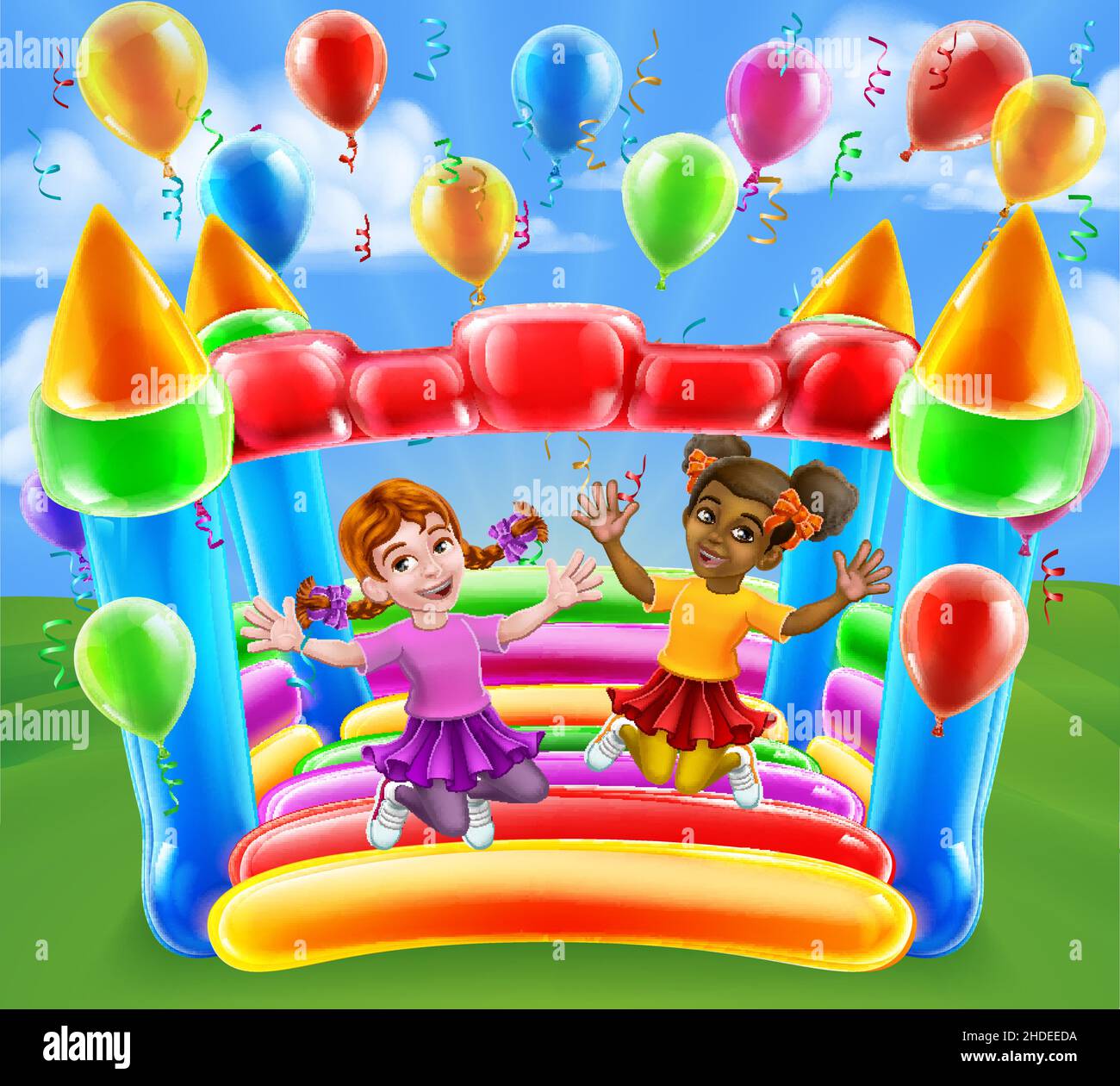 Bouncy House Castle Jumping Girls dessin animé pour enfants Illustration de Vecteur