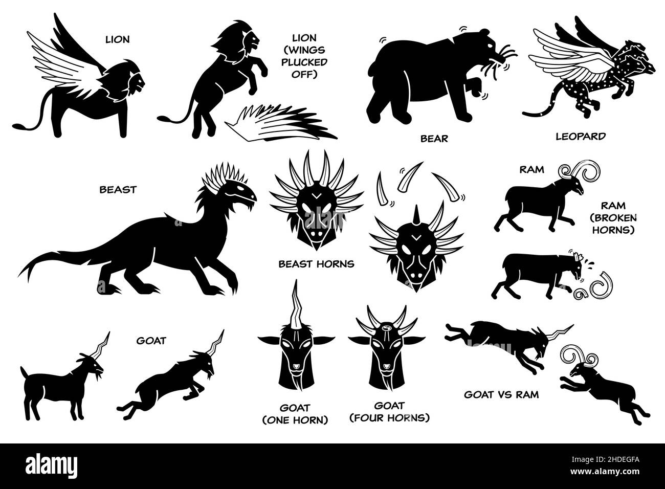 Daniel rêve vision sur les quatre bêtes, le RAM, He-Goat, et la corne.L'illustration vectorielle représente la vision de Daniel rêve du lion avec des ailes d'aigle, l'ours, le wi Illustration de Vecteur