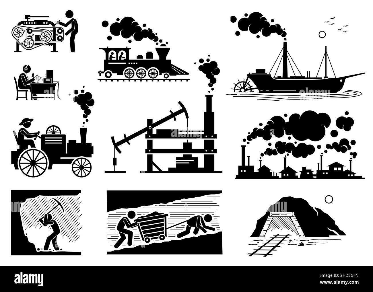 Histoire moderne Age industriel ou révolution industrielle développement technologique.Illustrations vectorielles de machine à vapeur, exploitation minière du charbon, machine de production de métier à tisser, Illustration de Vecteur