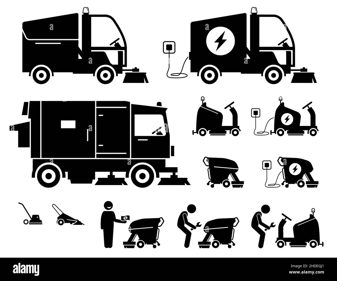 Balayeuse-camion industriel commercial intérieur et extérieur, véhicules de nettoyage de rue et machine à récurer les sols.Illustrations vectorielles de différentes Illustration de Vecteur