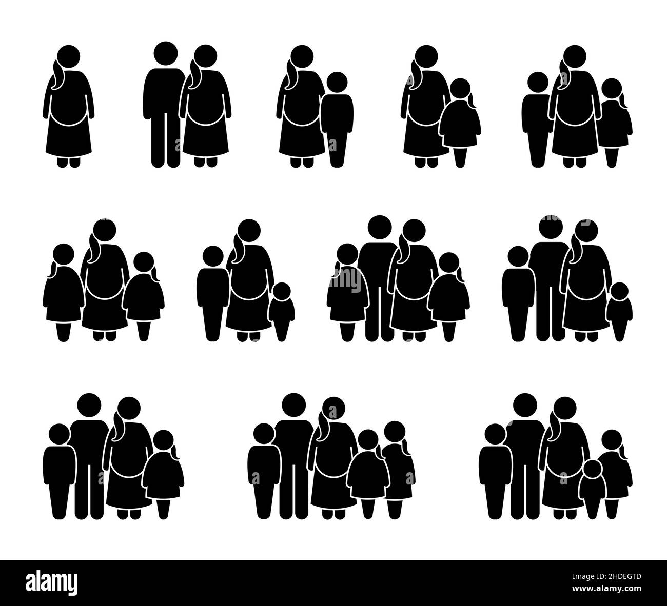 Mère enceinte avec différents membres de la famille bâton figure icônes.Illustrations vectorielles d'une mère enceinte avec son mari, son fils, sa fille et Illustration de Vecteur