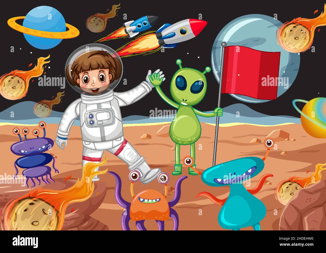 Un astronaute et des étrangers sur la scène de la planète Illustration de Vecteur