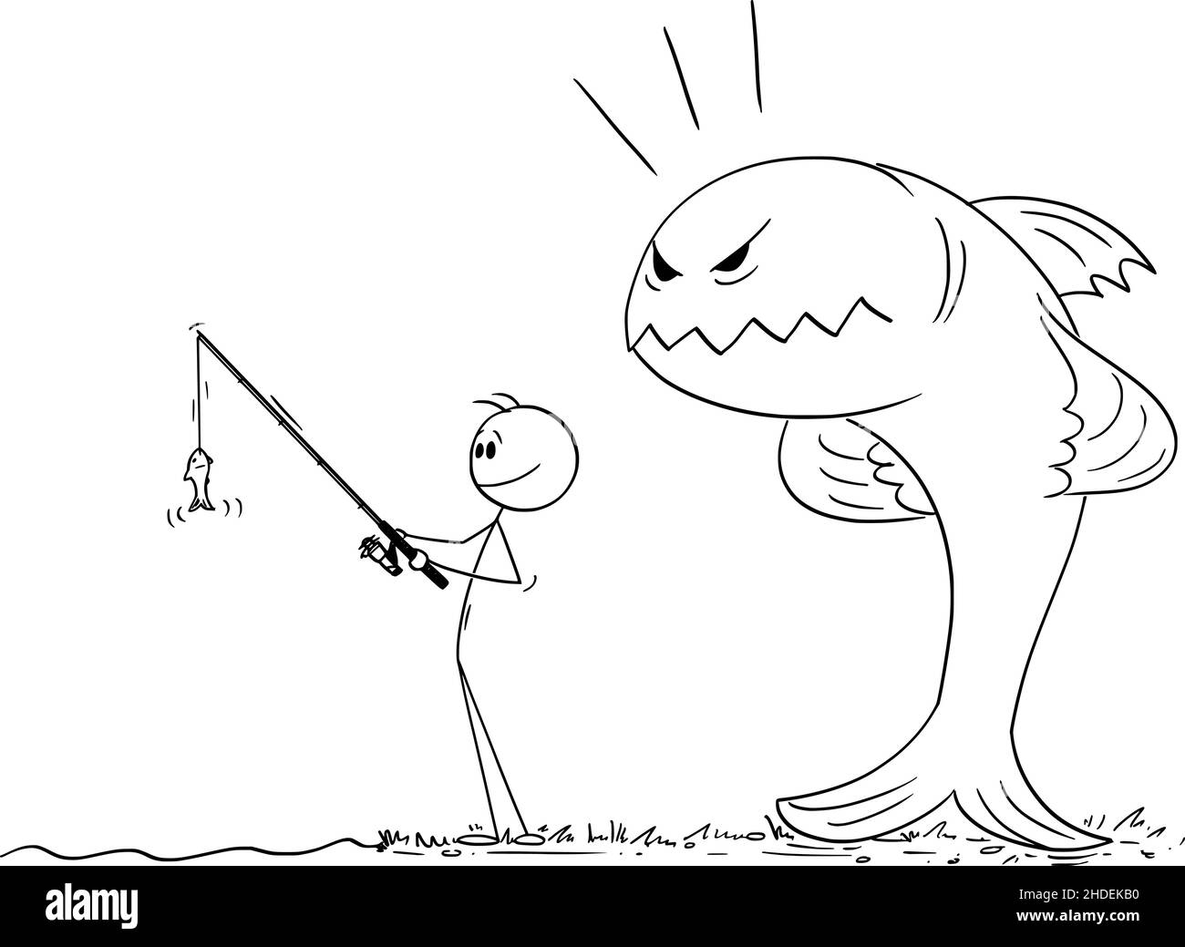 Pêcheur tenant tige avec petit poisson, gros poisson en colère le menaçant, Vector Cartoon Stick Figure Illustration Illustration de Vecteur