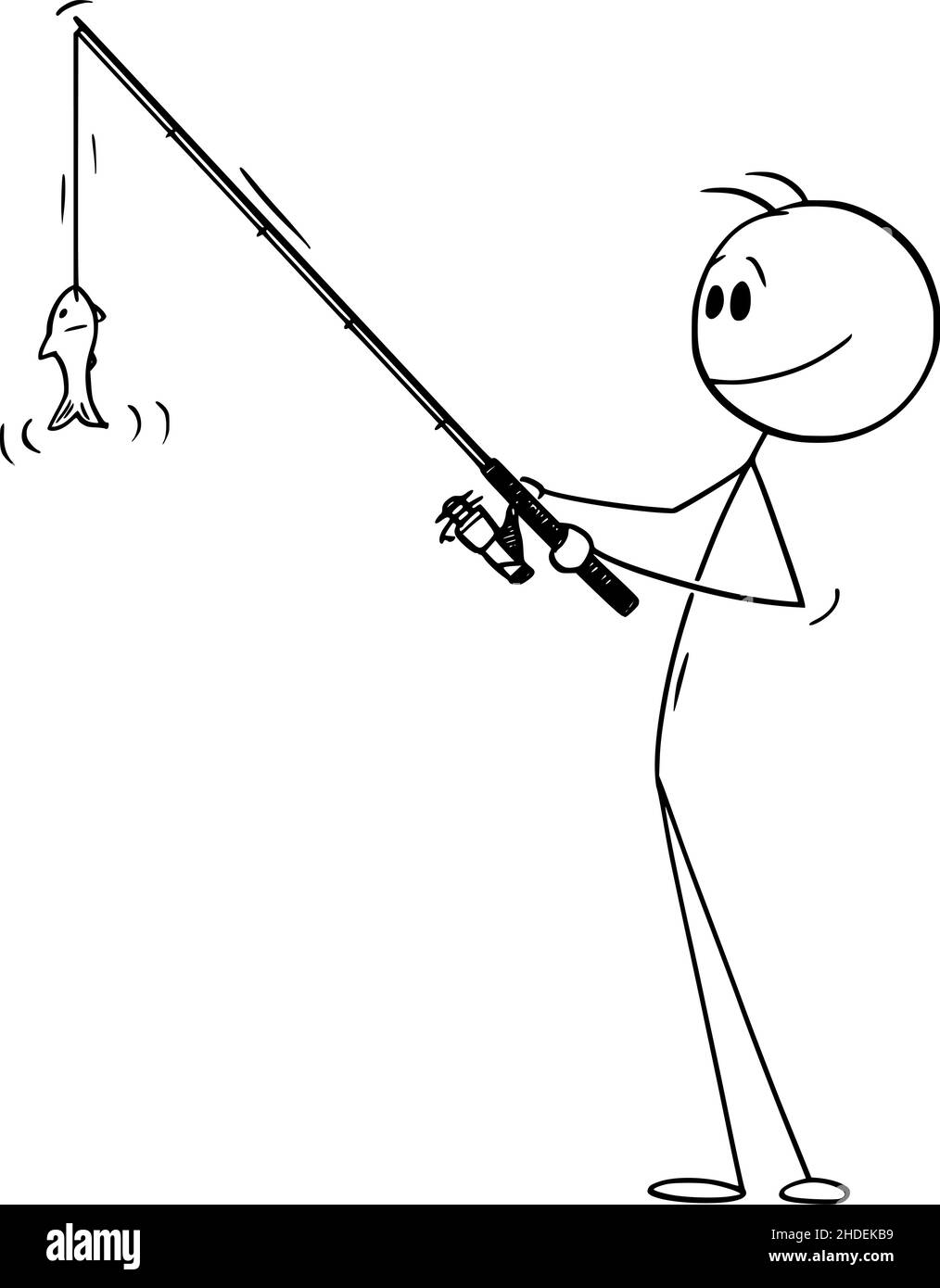 Barre de retenue de pêcheur et pêche de petits poissons , bâton de dessin vectoriel Figure Illustration Illustration de Vecteur