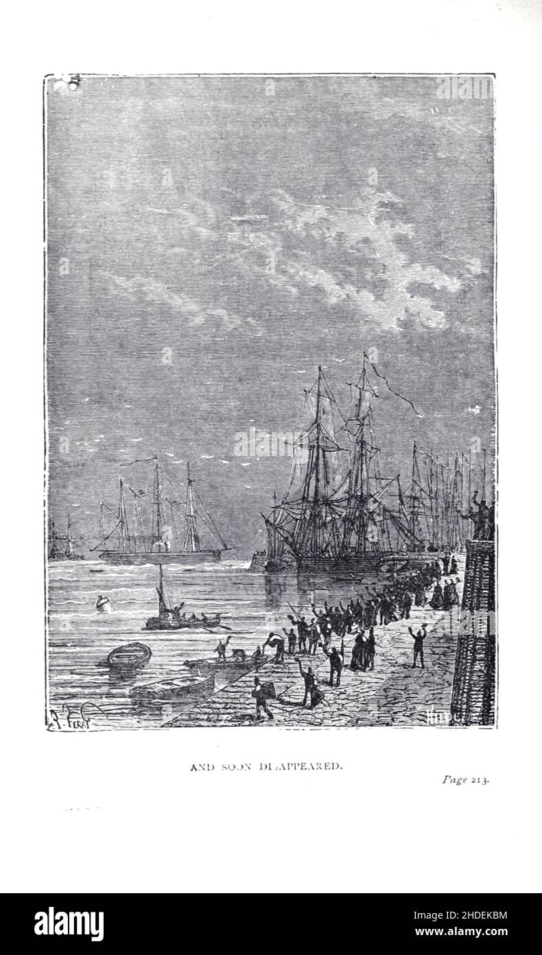 Et bientôt disparu illustré par Jules Ferat du blocus des canaux (Français: Les forceurs de blocs) est un roman 1865 de Jules Verne.En 1871, il a été publié en volume unique avec roman Une ville flottante dans le cadre de la série Voyages extraordinaires (les Voyages extraordinaires).Une traduction anglaise a été publiée en 1874.Le complot de la guerre de Sécession est centré sur les exploits d'un capitaine marchand britannique nommé James Playfair qui doit briser le blocus de l'Union du port de Charleston en Caroline du Sud pour échanger des fournitures pour le coton et, plus tard dans le livre, pour sauver Halliburtt, le Banque D'Images