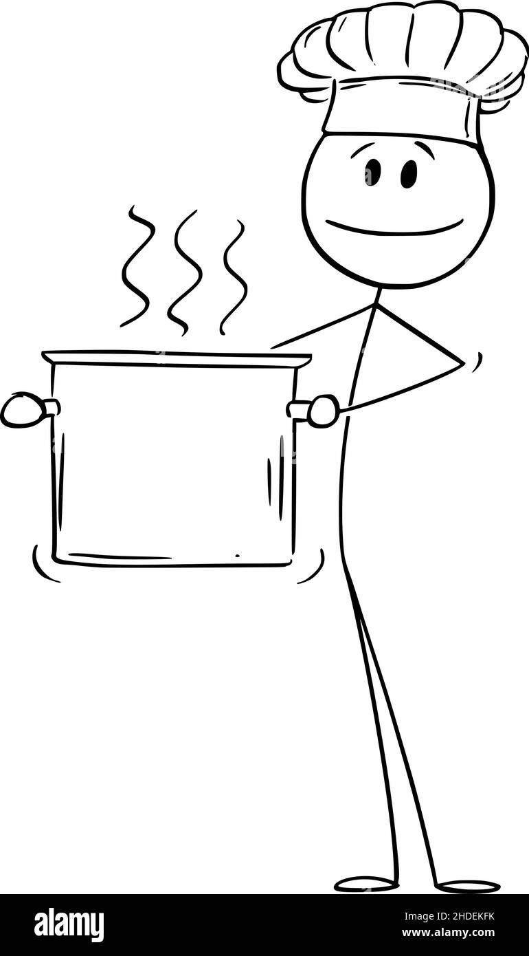 Cuisinier ou Chef en chapeau tenant un grand pot de nourriture ou d'eau en ébullition, Illustration de la figure de bâton de dessin animé Illustration de Vecteur