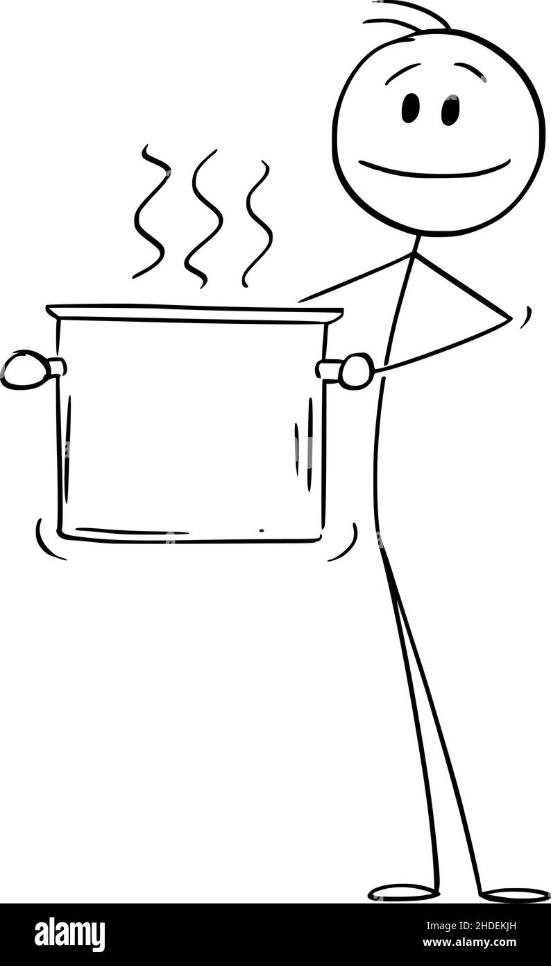 Cuisinier ou chef tenant un grand pot de nourriture ou d'eau en ébullition, bâton de dessin vectoriel Figure Illustration Illustration de Vecteur