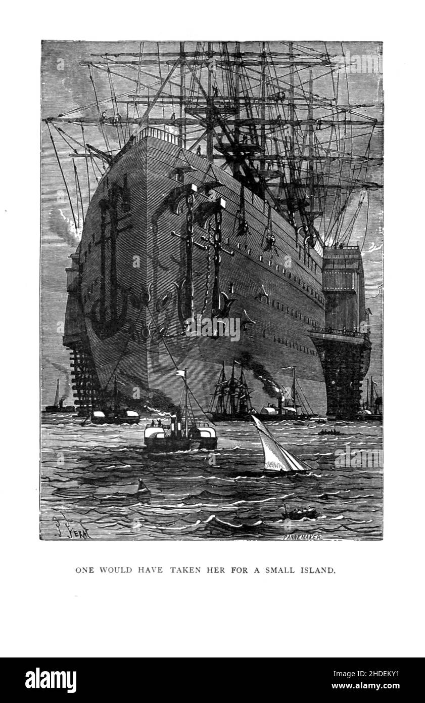 On l'aurait prise pour une petite île de Jules Ferat d'Une ville flottante, ou parfois traduit la ville flottante, (une ville flottate) est un roman d'aventure de l'écrivain français Jules Verne publié pour la première fois en 1871 en France.Au moment de sa publication, le roman jouissait d'un niveau de popularité semblable à celui de l'ensemble du monde en quatre-vingt jours.Les premières éditions du roman au Royaume-Uni et aux États-Unis sont parues en 1874.Jules Férin a fourni les illustrations originales du roman.Il raconte à une femme qui, à bord du navire Great Eastern avec son mari violent, trouve que l'homme qu'elle aime est aussi o Banque D'Images On l'aurait prise pour une petite île de Jules Ferat d'Une ville flottante, ou parfois traduit la ville flottante, (une ville flottate) est un roman d'aventure de l'écrivain français Jules Verne publié pour la première fois en 1871 en France.Au moment de sa publication, le roman jouissait d'un niveau de popularité semblable à celui de l'ensemble du monde en quatre-vingt jours.Les premières éditions du roman au Royaume-Uni et aux États-Unis sont parues en 1874.Jules Férin a fourni les illustrations originales du roman.Il raconte à une femme qui, à bord du navire Great Eastern avec son mari violent, trouve que l'homme qu'elle aime est aussi o Banque D'Images