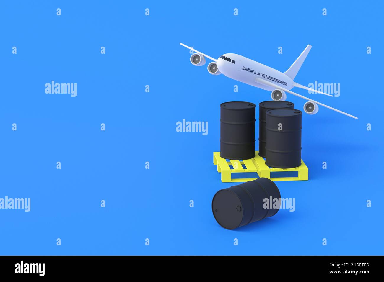 Barils de pétrole brut sur palette près de l'avion.Concept de transport de substances dangereuses dans le transport aérien.Livraison de déchets toxiques pour élimination, réf Banque D'Images