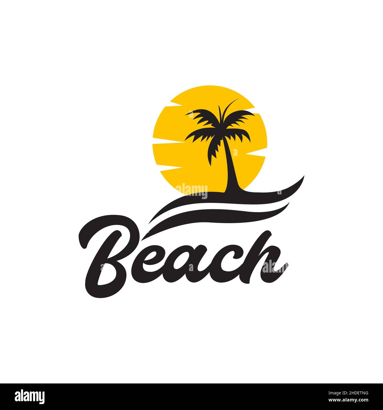 lettering beach vintage avec cococotiers et coucher de soleil logo design vecteur symbole graphique icône illustration idée créative Illustration de Vecteur