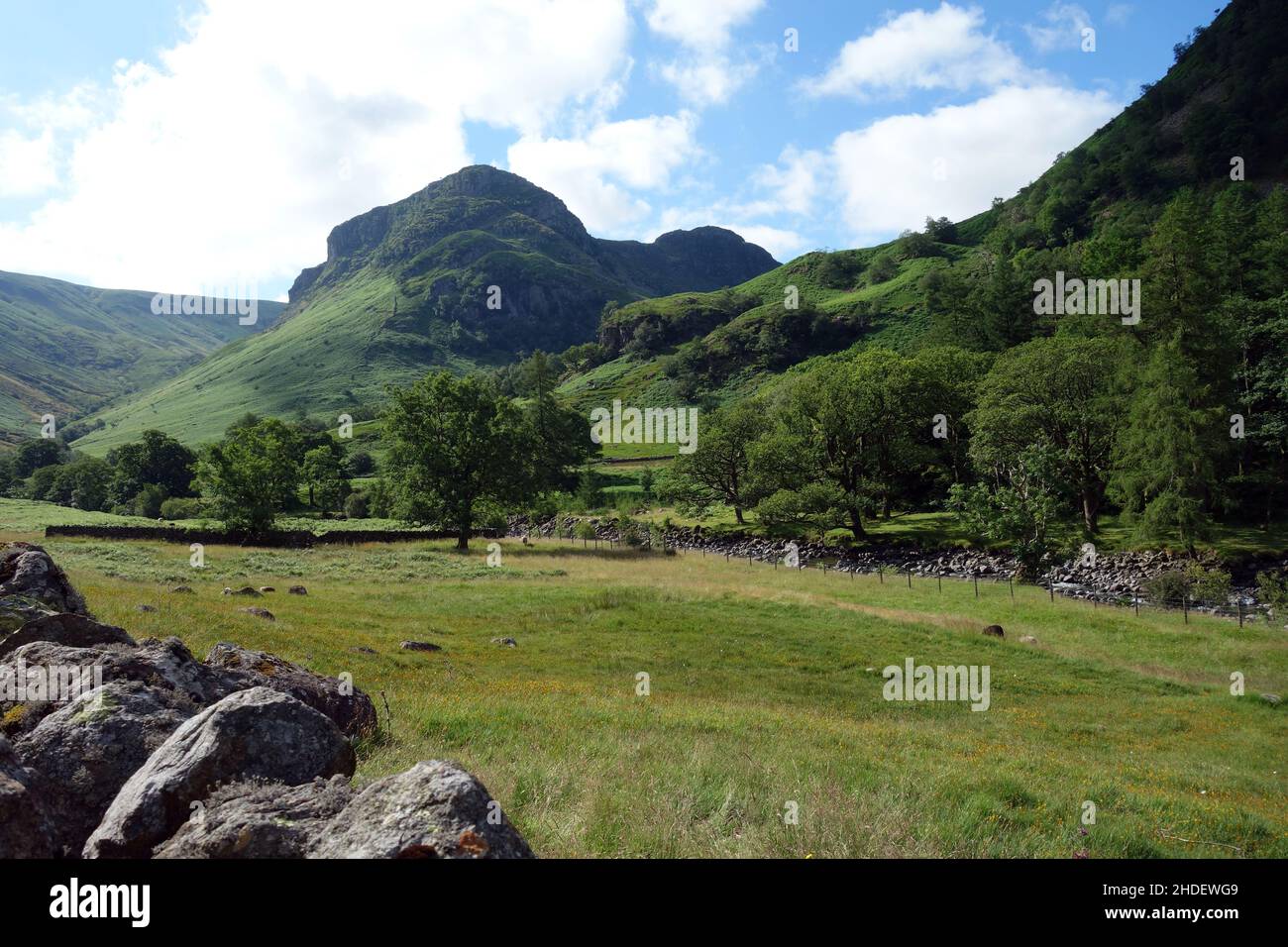 The Wainwrights 'Eagle Crag & Sergent's Crag' surplombant les champs près de Stonethwaite à Borrowdale, Lake District National Park, Cumbria, Angleterre. Banque D'Images