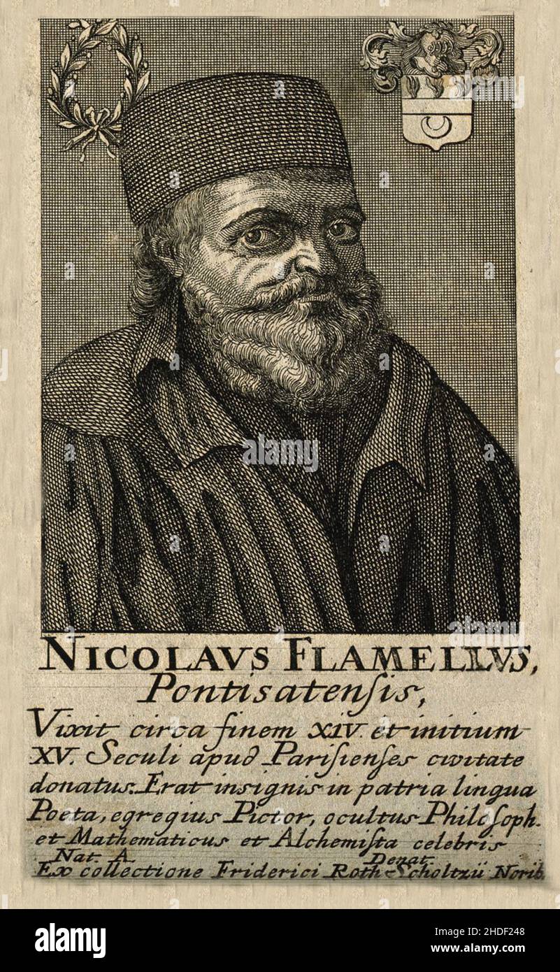 Nicolas Flamel.Gravure de ligne. Banque D'Images