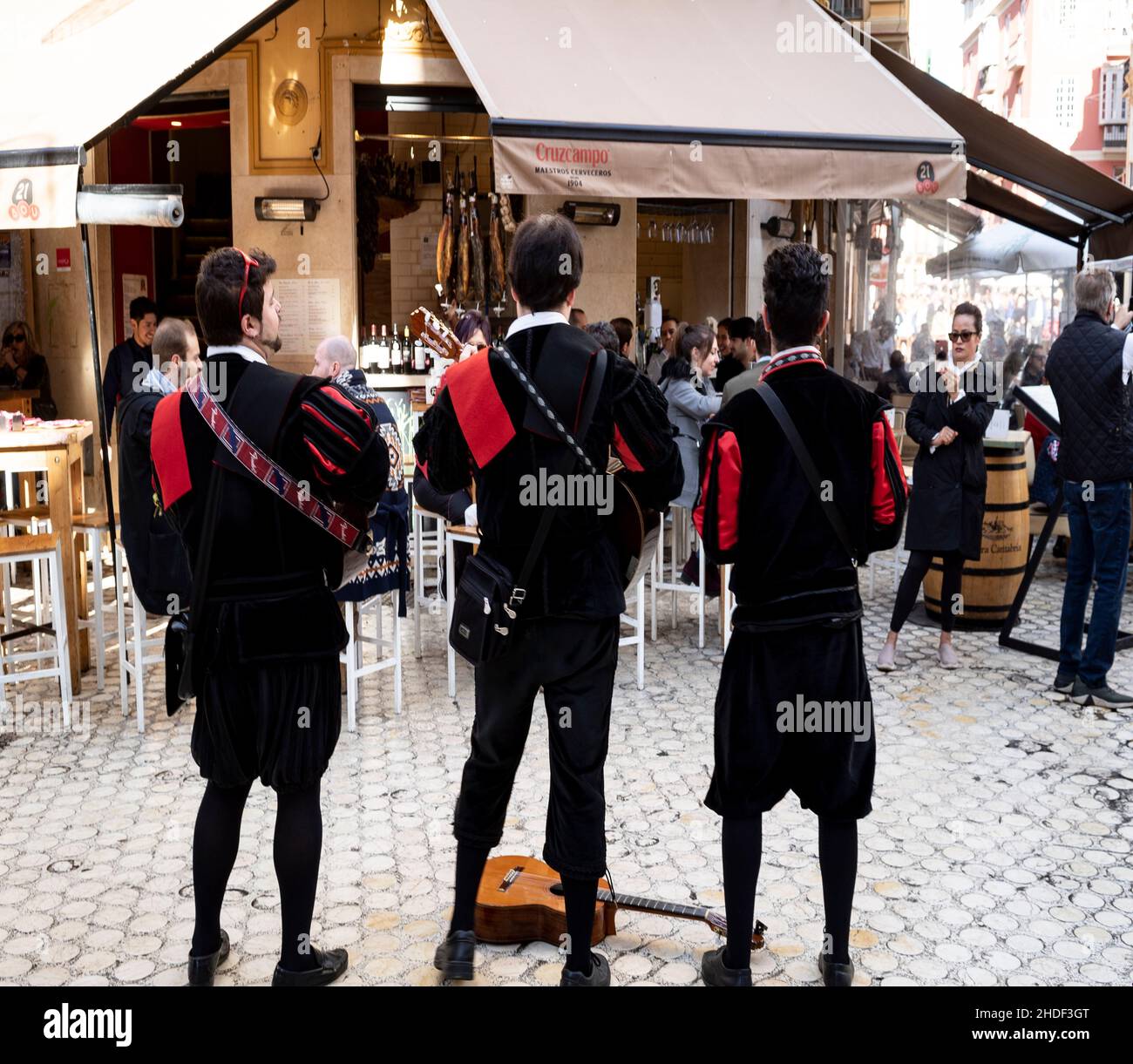 Tunas, musique de rue traditionnelle. Scène de rue, ville de Malaga, Andalousie, Espagne Banque D'Images