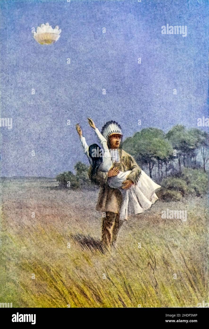 Algon porte la maison de jeune fille capturée dans son Lodge à partir du livre « les mythes des Indiens d'Amérique du Nord » de Lewis Spence, publié à Londres par George G. Harrap & Company en 1912 Banque D'Images