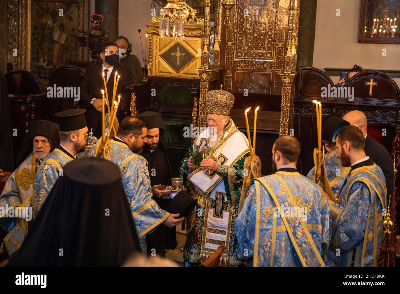 Le Patriarche œcuménique orthodoxe grec Bartholomée I de Constantinople dirige la messe Epiphanie dans le cadre des célébrations de l'Epiphanie à l'Église. Banque D'Images