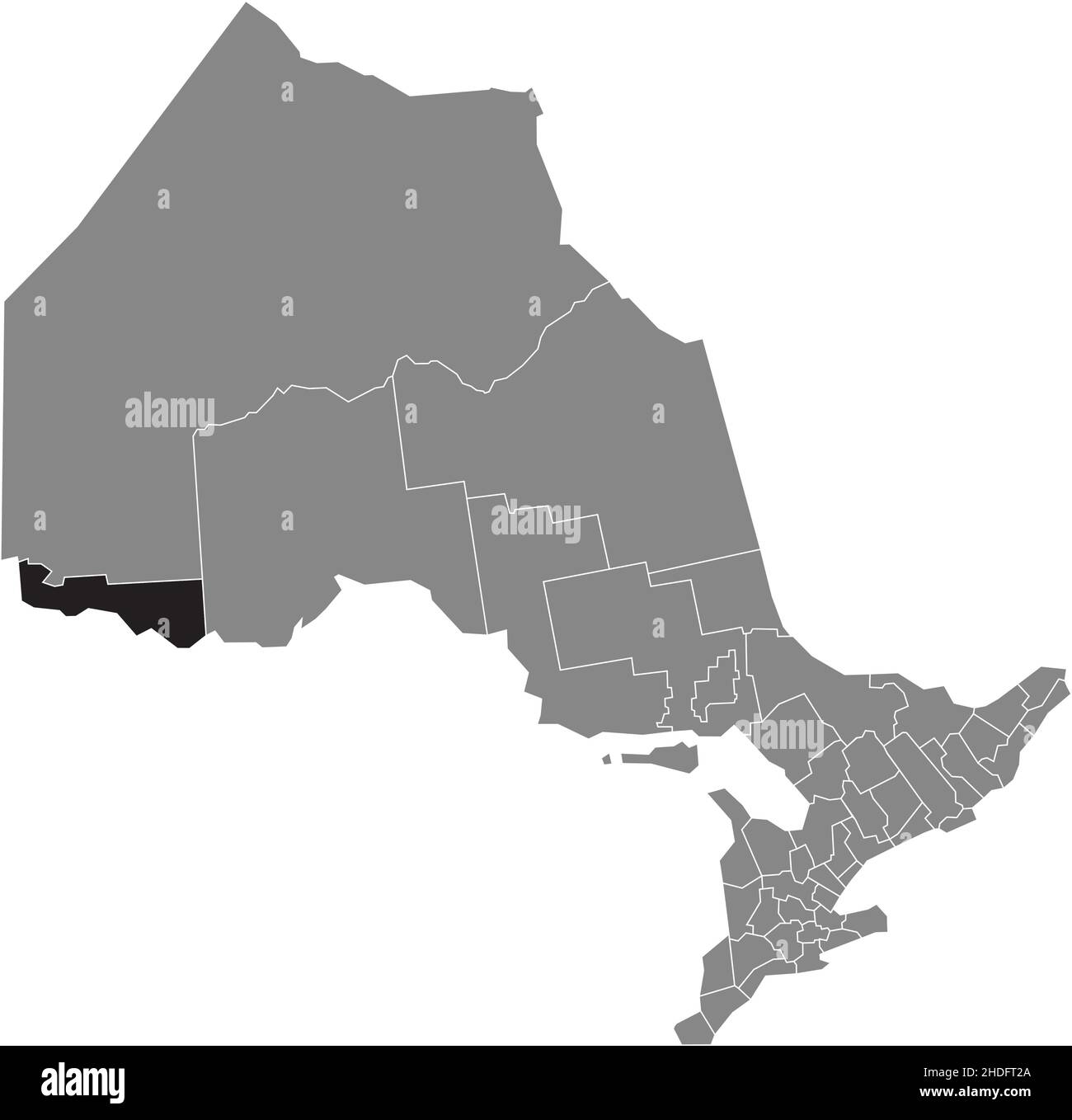 Plan noir blanc carte d'emplacement en surbrillance du DISTRICT DE RAINY RIVER à l'intérieur de la carte administrative grise de la province canadienne d'Ontario, Canada Illustration de Vecteur