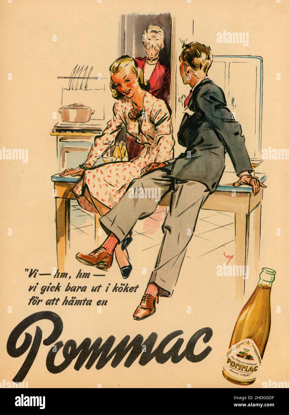 Belle publicité en couleur illustrée pleine page pour la boisson aux pommes Pommac.Suède 1946 Banque D'Images