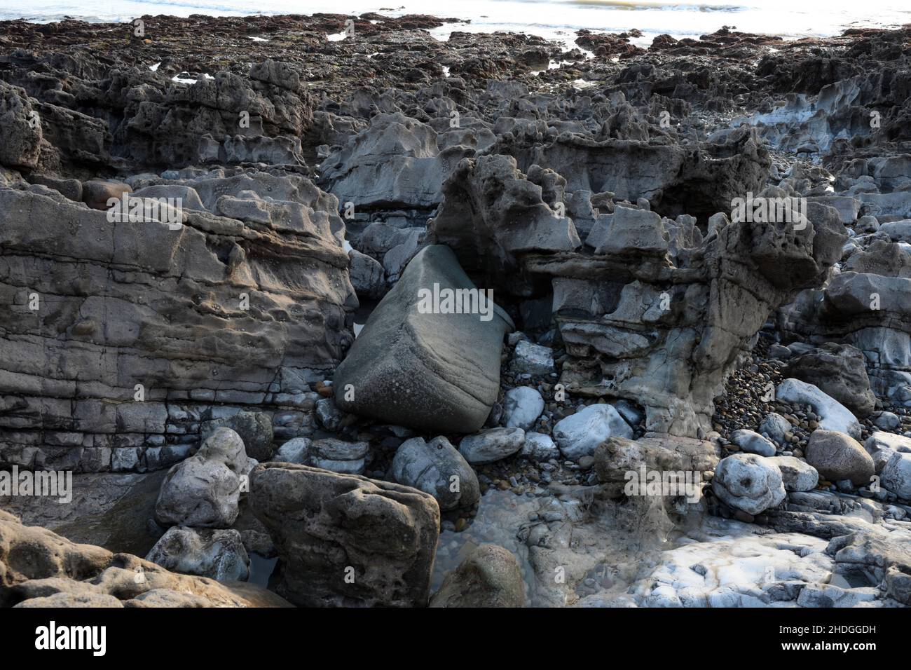Un rocher erratique sur une rive de Gower, face à l'ouest, a été déplacé par le flux de glace de la source, peut-être les collines de Preseli et déposé à la fin de la période glaciaire Banque D'Images