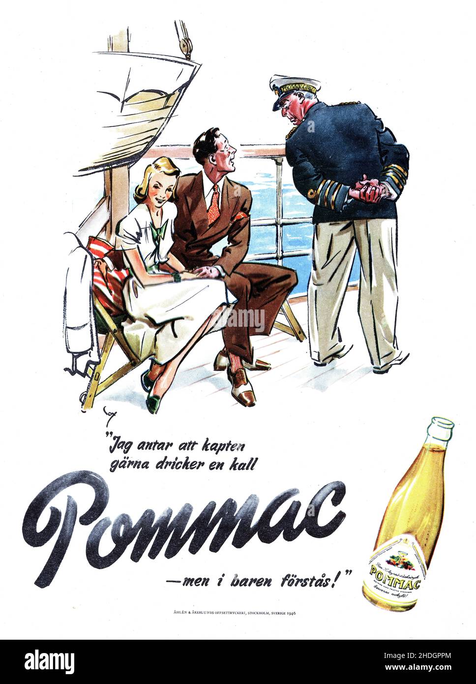 Belle publicité en couleur illustrée pleine page pour la boisson aux pommes Pommac.Suède 1946 Banque D'Images