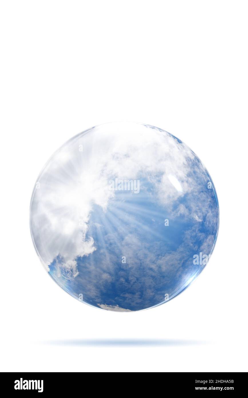 Nuages contre un ciel bleu dans une boule de verre, illustration Banque D'Images
