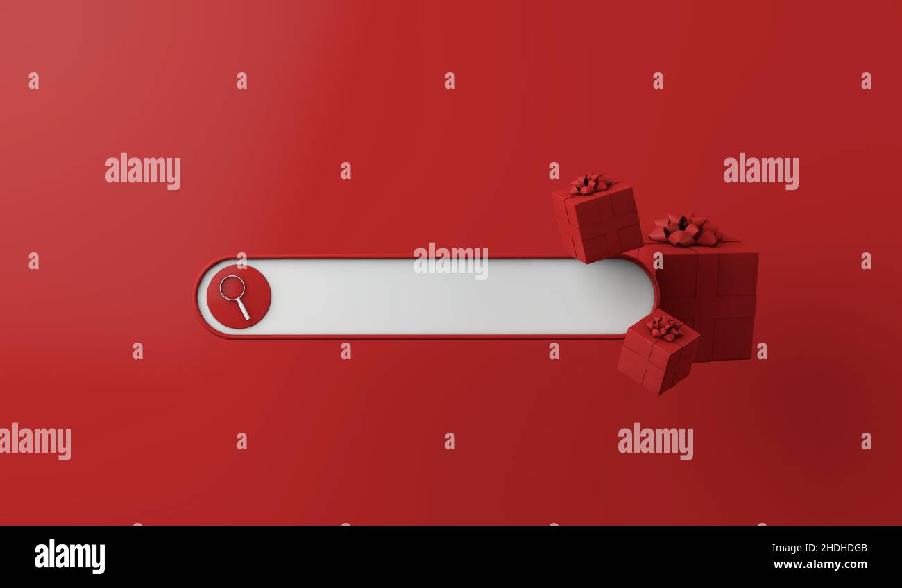 Modèle de barre de recherche de Noël avec cadeaux de fête emballés.3D rendu Banque D'Images