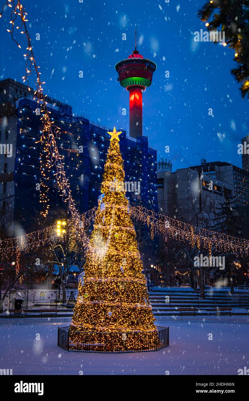 Chute de neige sur Olympic Plaza la nuit Banque D'Images