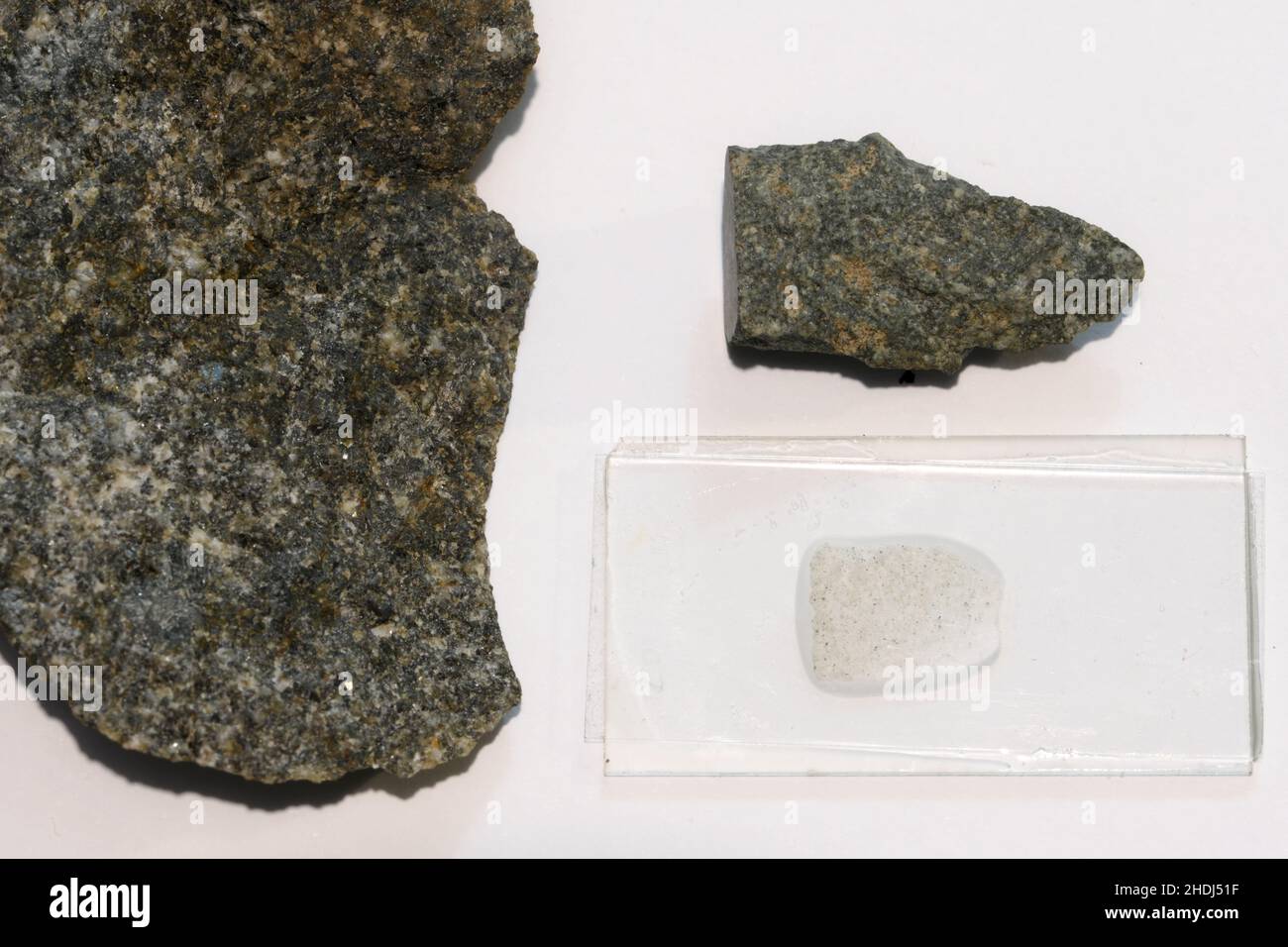 Deux échantillons de roche de dolerite verte avec une section mince à droite du sommet de Foel Eryr, Preseli et à gauche du rocher erratique Gower, par exemple.2HFERAJ Banque D'Images