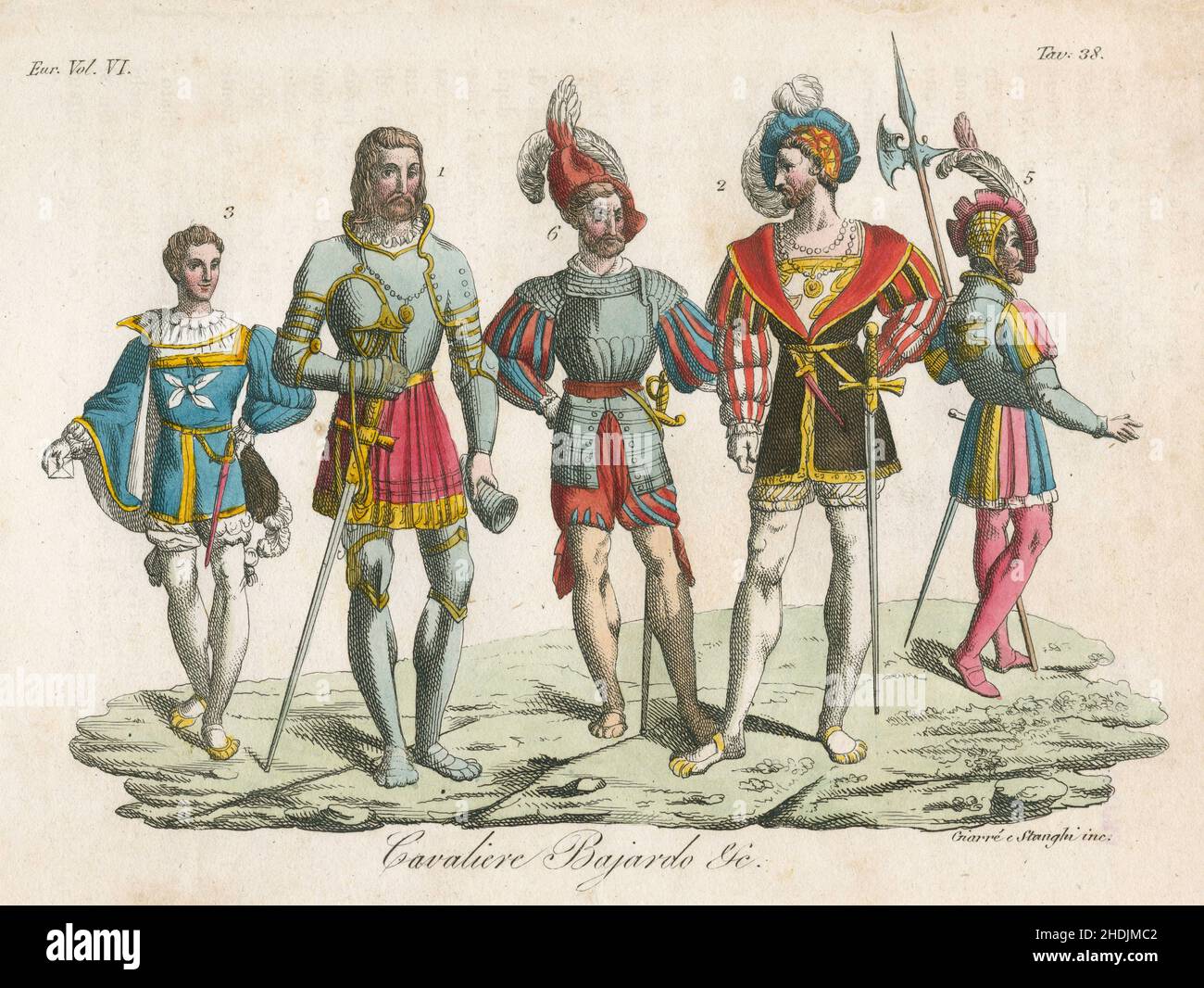 Antique c1830 gravure teintée à la main, 16th Century Knight Bajardo, et d'autres.Publié par Giulio Ferrario.SOURCE : GRAVURE ORIGINALE Banque D'Images